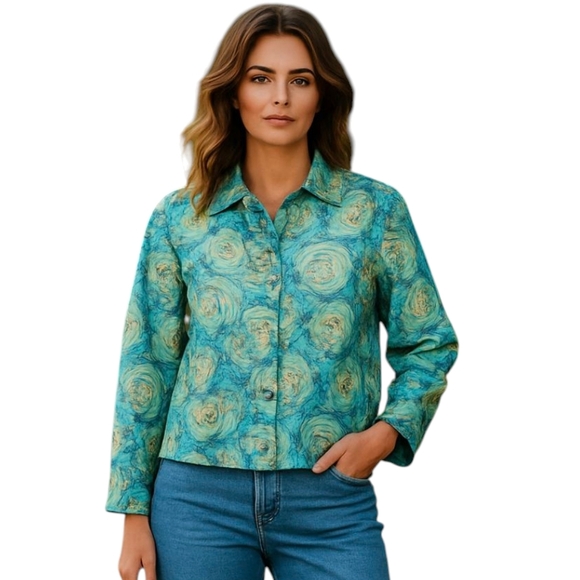 Green/blue Floral Sequin brocade sequins mermaid unique artsy Blazer sz L - Picture 12 of 12